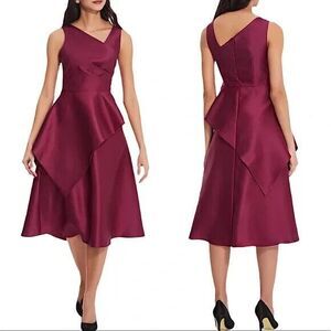 Adrianna Papell Mikado Midi Satin Dress 8 Peplum Red Plum Magenta Cocktail Party